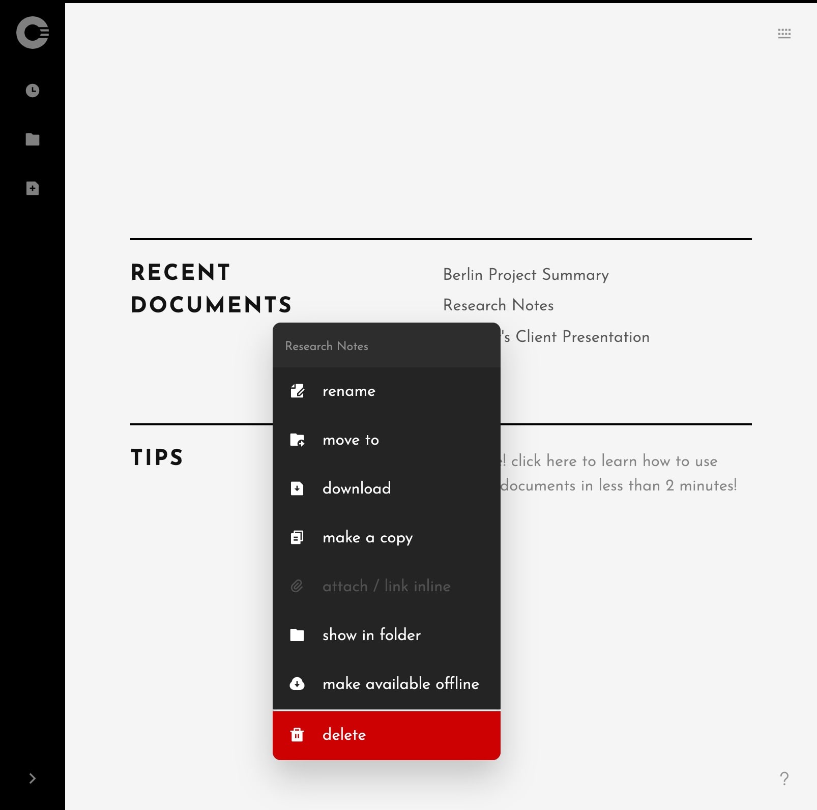 Cryptee Documents – Recent Documents – Context Menu